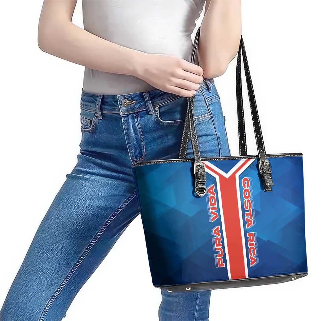 Costa Rica Pura Vida Leather Tote Bag Blue Geometric with Red Stripe and National Flag Detail - Wonder Print Shop