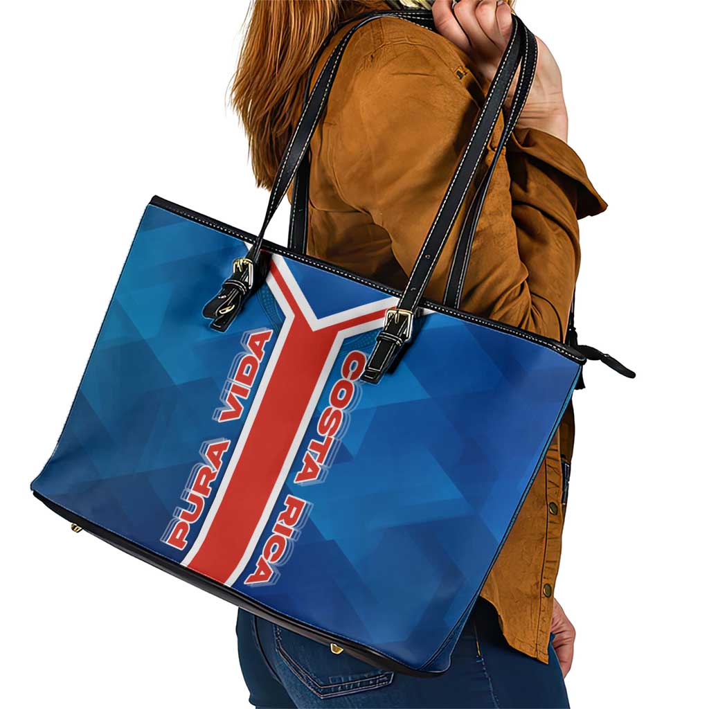 Costa Rica Pura Vida Leather Tote Bag Blue Geometric with Red Stripe and National Flag Detail - Wonder Print Shop