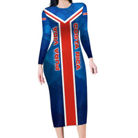 Costa Rica Pura Vida Long Sleeve Bodycon Dress Blue Geometric with Red Stripe and National Flag Detail - Wonder Print Shop