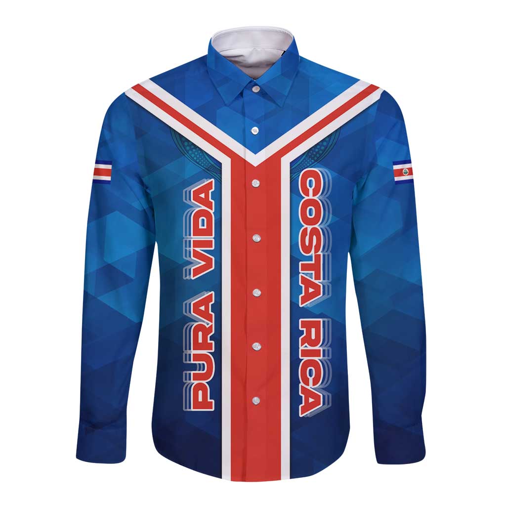 Costa Rica Pura Vida Long Sleeve Button Shirt Blue Geometric with Red Stripe and National Flag Detail - Wonder Print Shop