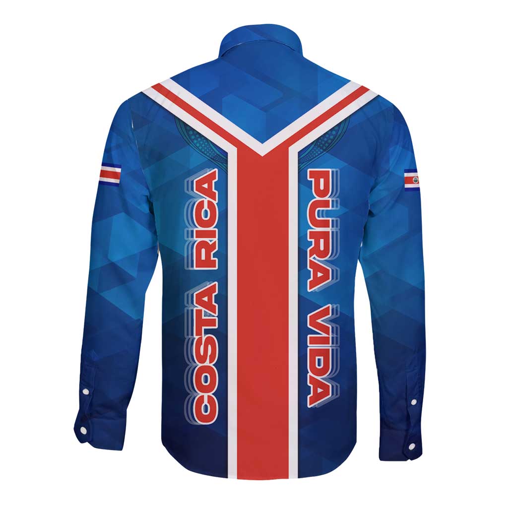 Costa Rica Pura Vida Long Sleeve Button Shirt Blue Geometric with Red Stripe and National Flag Detail - Wonder Print Shop