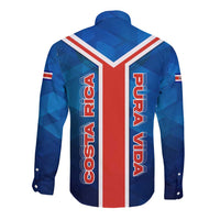 Costa Rica Pura Vida Long Sleeve Button Shirt Blue Geometric with Red Stripe and National Flag Detail - Wonder Print Shop