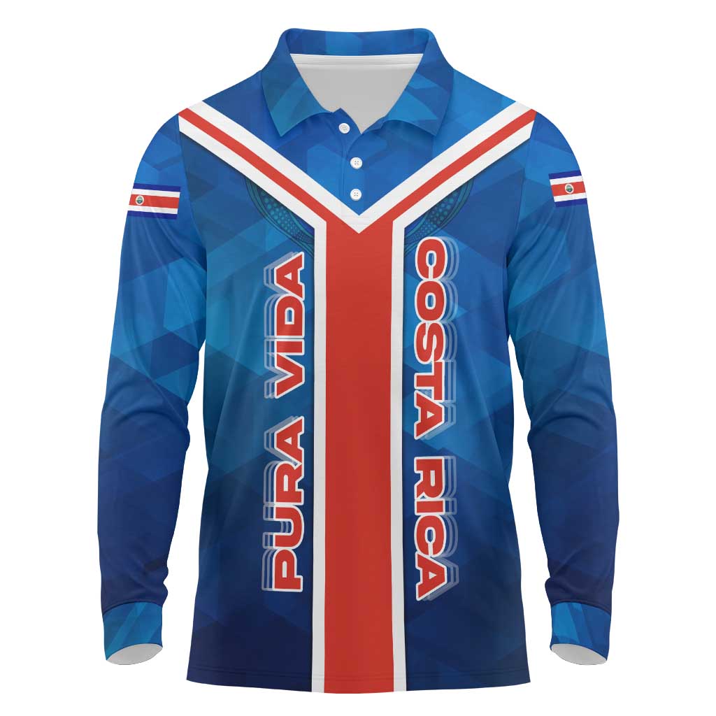 Costa Rica Pura Vida Long Sleeve Polo Shirt Blue Geometric with Red Stripe and National Flag Detail - Wonder Print Shop