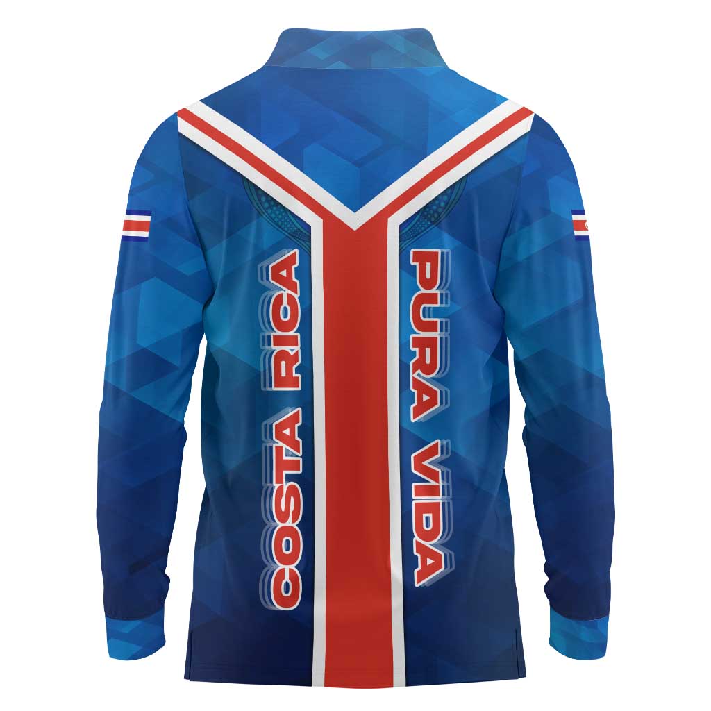 Costa Rica Pura Vida Long Sleeve Polo Shirt Blue Geometric with Red Stripe and National Flag Detail - Wonder Print Shop