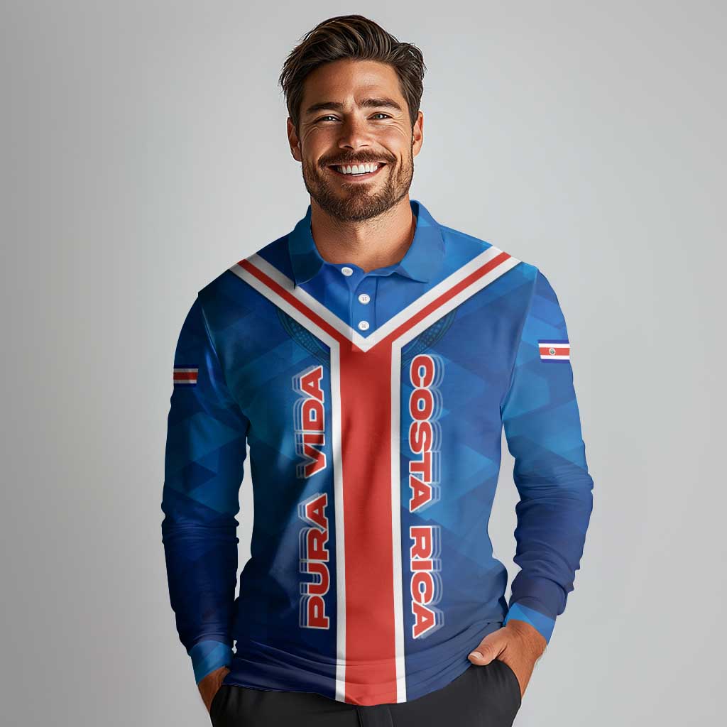Costa Rica Pura Vida Long Sleeve Polo Shirt Blue Geometric with Red Stripe and National Flag Detail - Wonder Print Shop