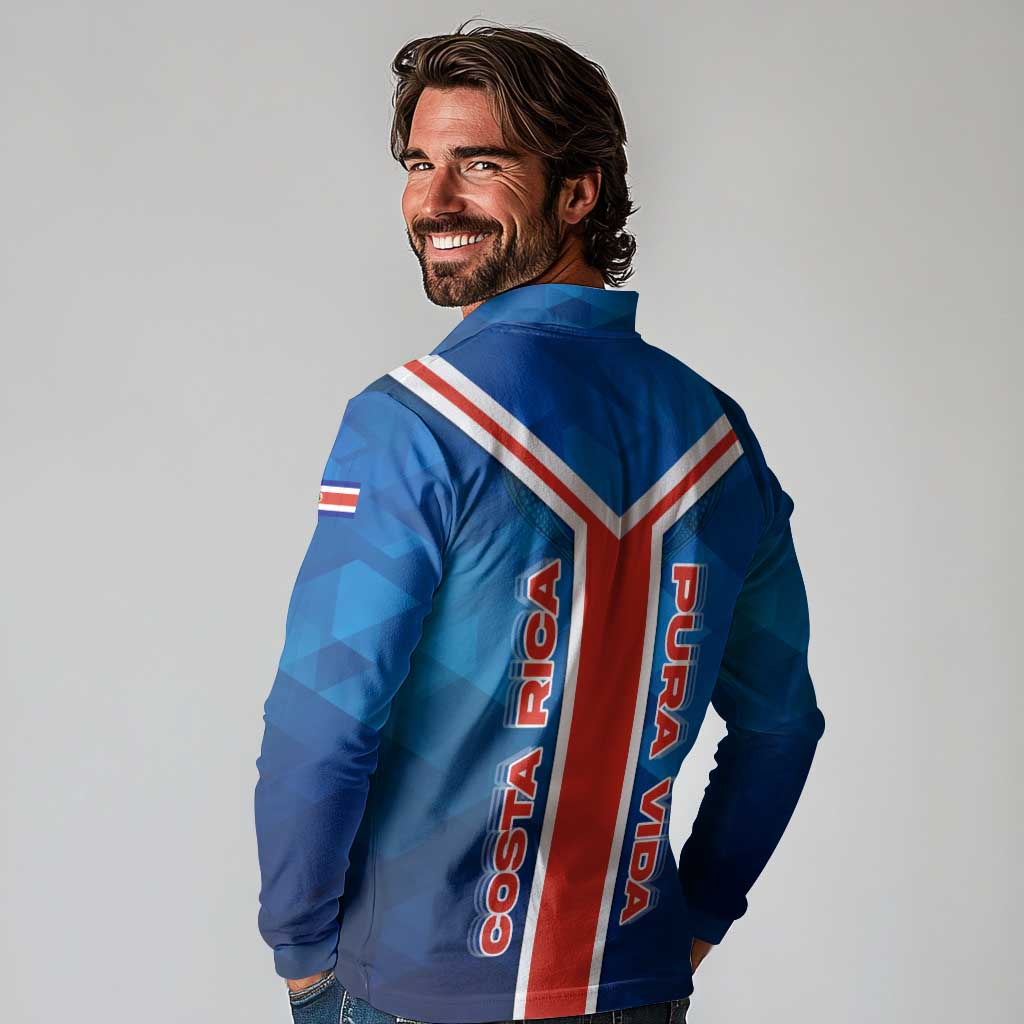 Costa Rica Pura Vida Long Sleeve Polo Shirt Blue Geometric with Red Stripe and National Flag Detail - Wonder Print Shop