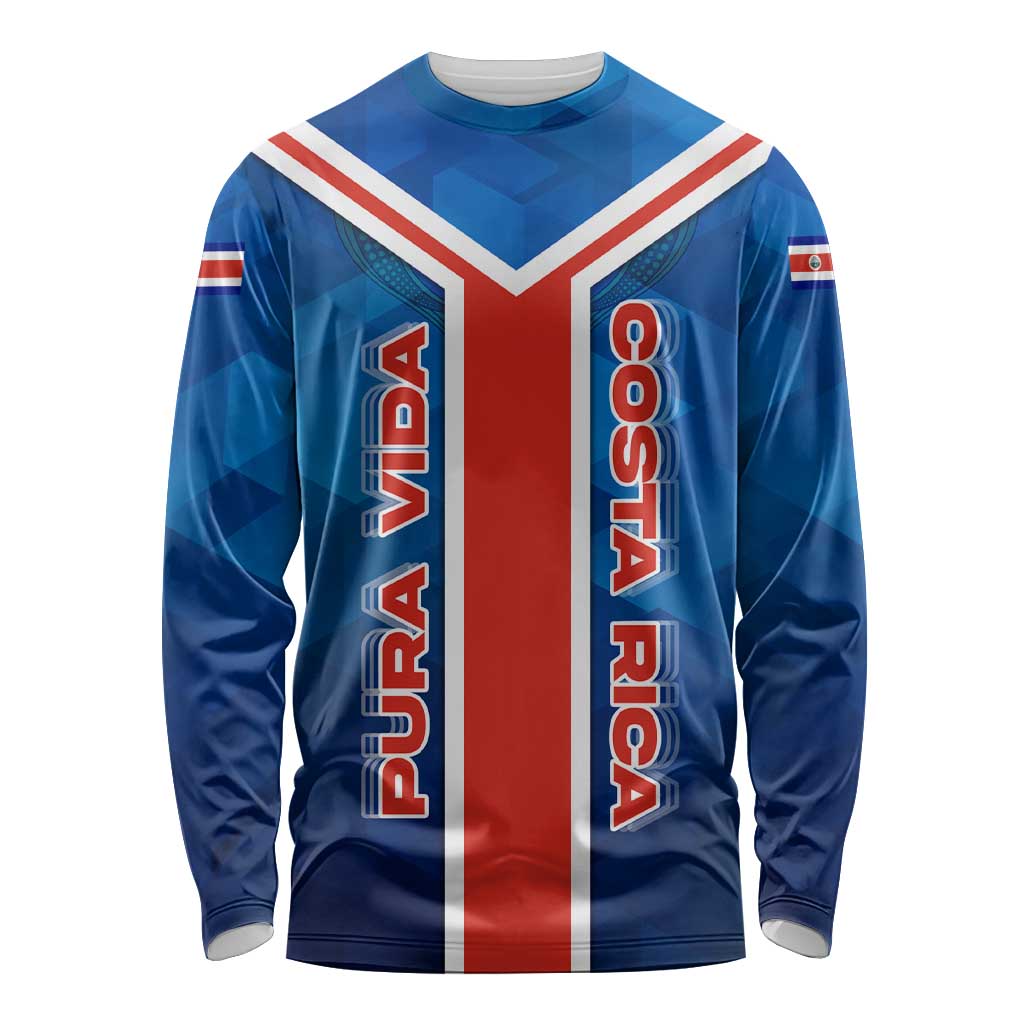 Costa Rica Pura Vida Long Sleeve Shirt Blue Geometric with Red Stripe and National Flag Detail - Wonder Print Shop