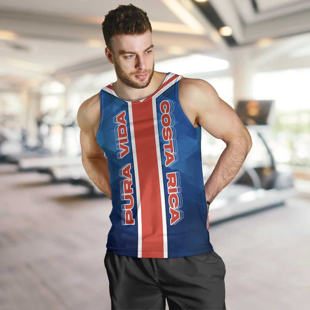 Costa Rica Pura Vida Men Tank Top Blue Geometric with Red Stripe and National Flag Detail - Wonder Print Shop