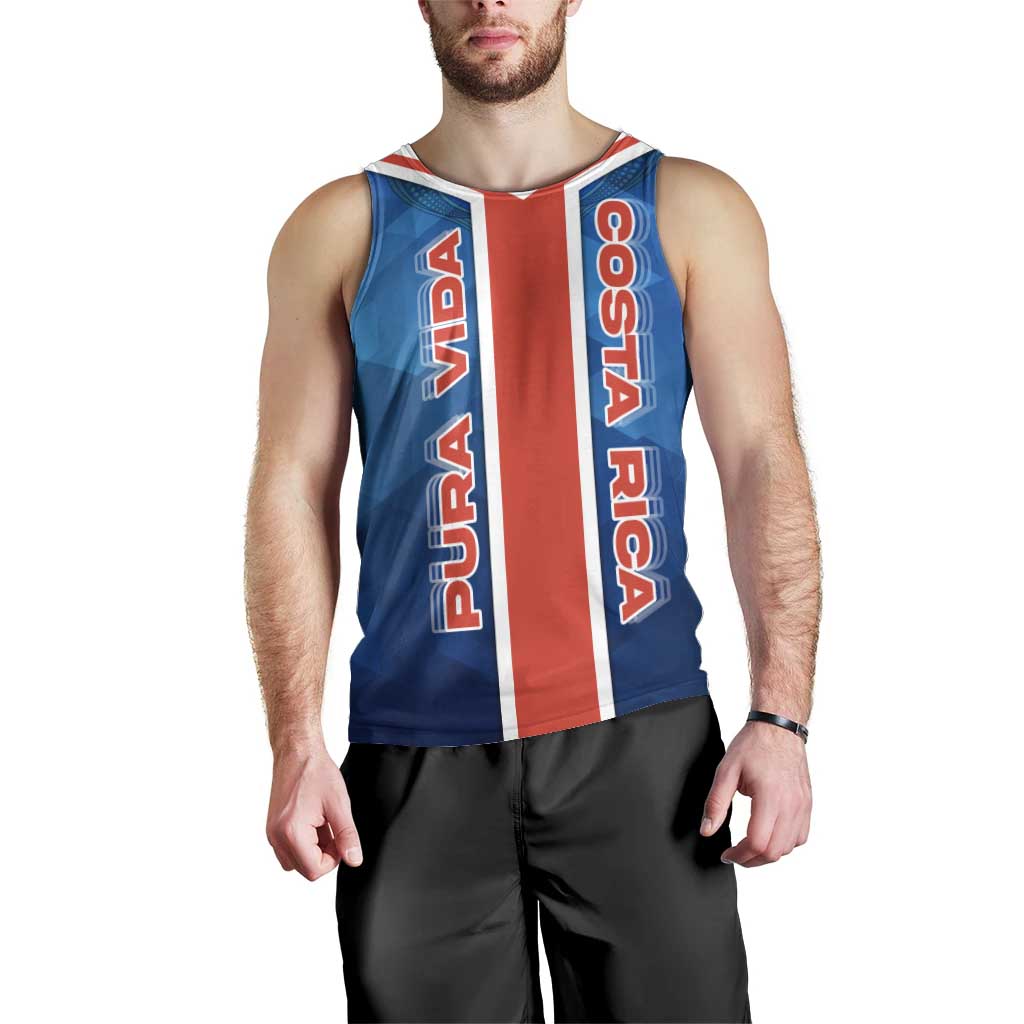 Costa Rica Pura Vida Men Tank Top Blue Geometric with Red Stripe and National Flag Detail - Wonder Print Shop