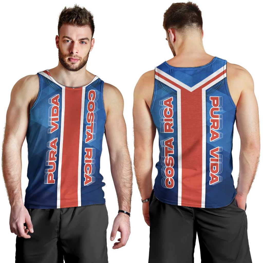 Costa Rica Pura Vida Men Tank Top Blue Geometric with Red Stripe and National Flag Detail - Wonder Print Shop