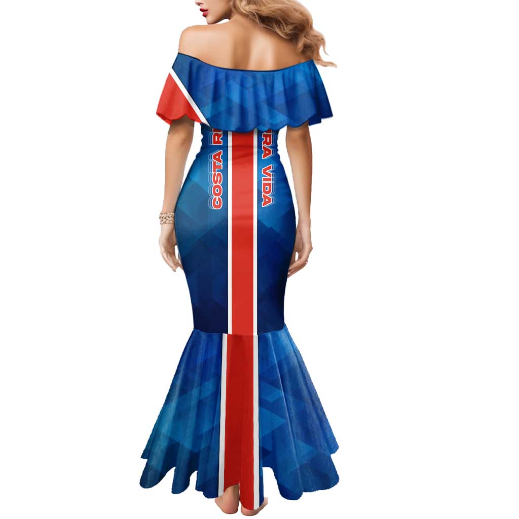 Costa Rica Pura Vida Mermaid Dress Blue Geometric with Red Stripe and National Flag Detail - Wonder Print Shop