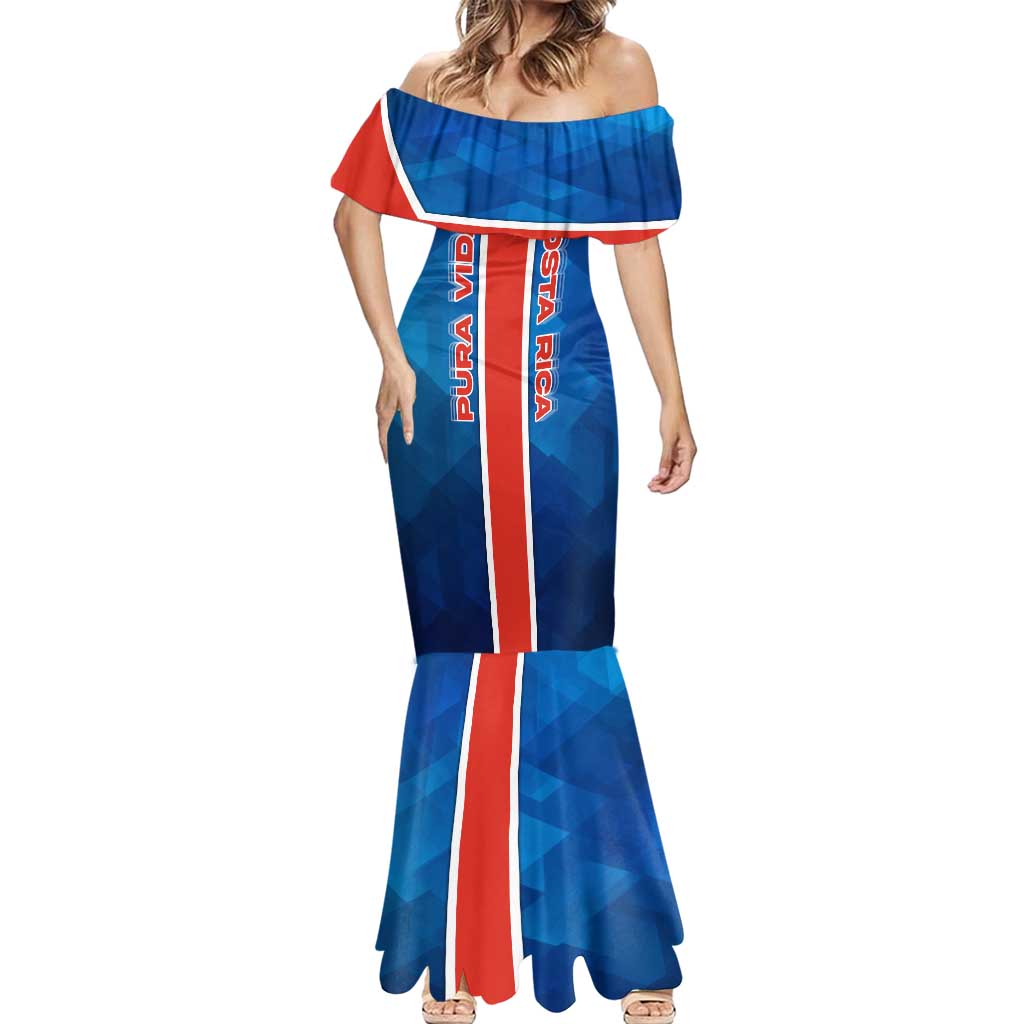 Costa Rica Pura Vida Mermaid Dress Blue Geometric with Red Stripe and National Flag Detail - Wonder Print Shop