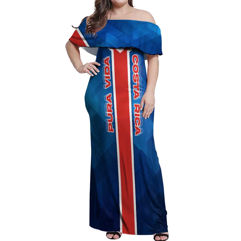 Costa Rica Pura Vida Off Shoulder Maxi Dress Blue Geometric with Red Stripe and National Flag Detail - Wonder Print Shop