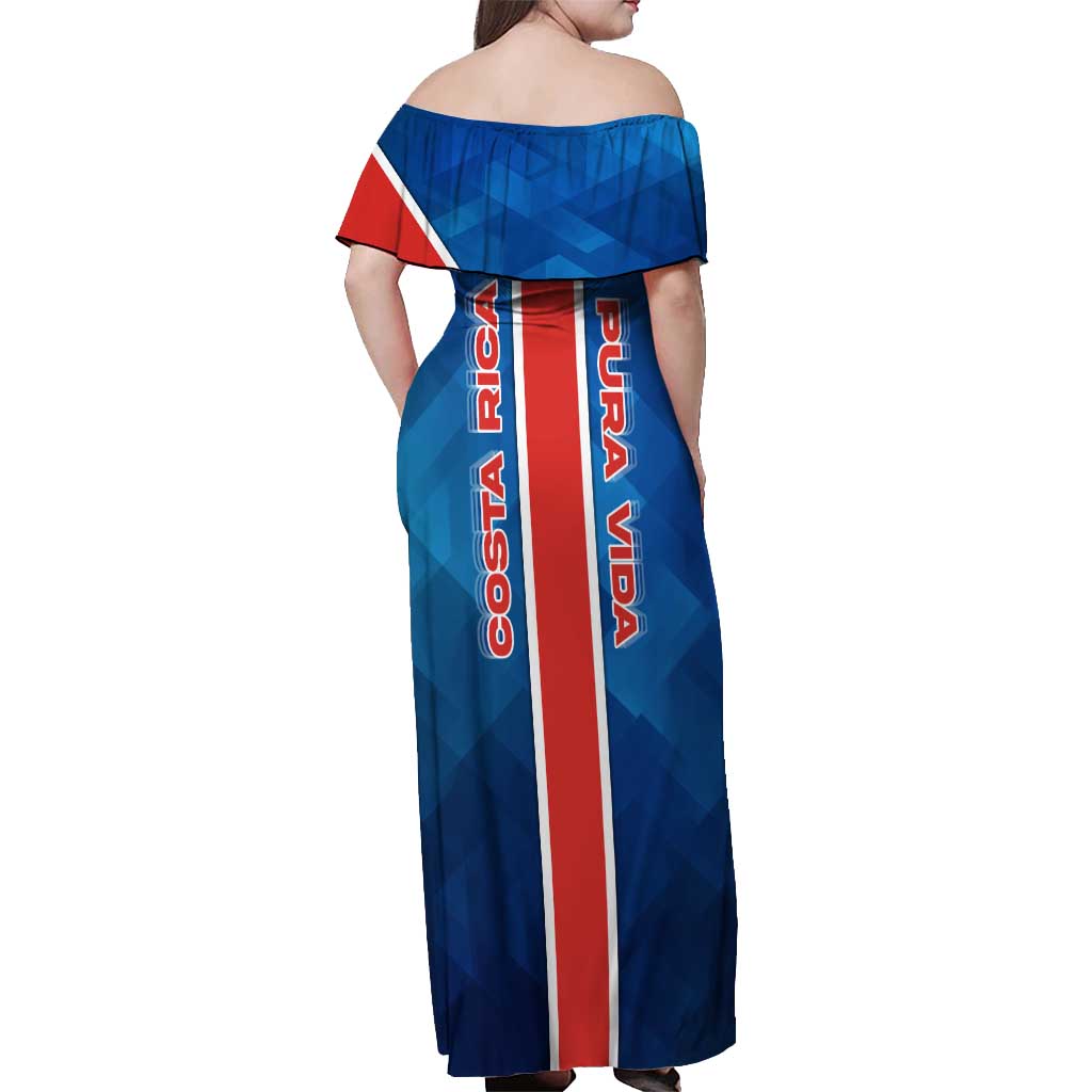 Costa Rica Pura Vida Off Shoulder Maxi Dress Blue Geometric with Red Stripe and National Flag Detail - Wonder Print Shop