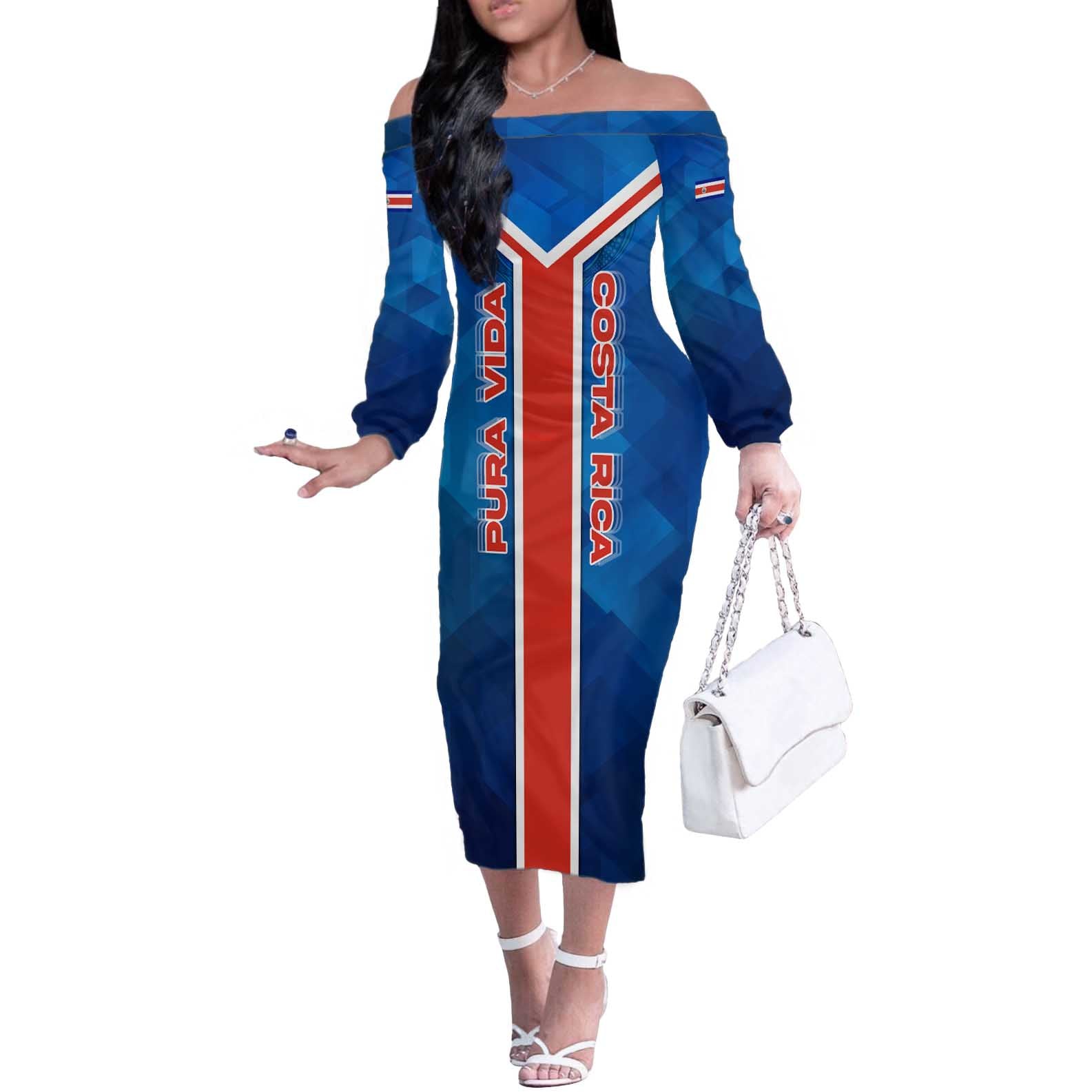 Costa Rica Pura Vida Off The Shoulder Long Sleeve Dress Blue Geometric with Red Stripe and National Flag Detail - Wonder Print Shop