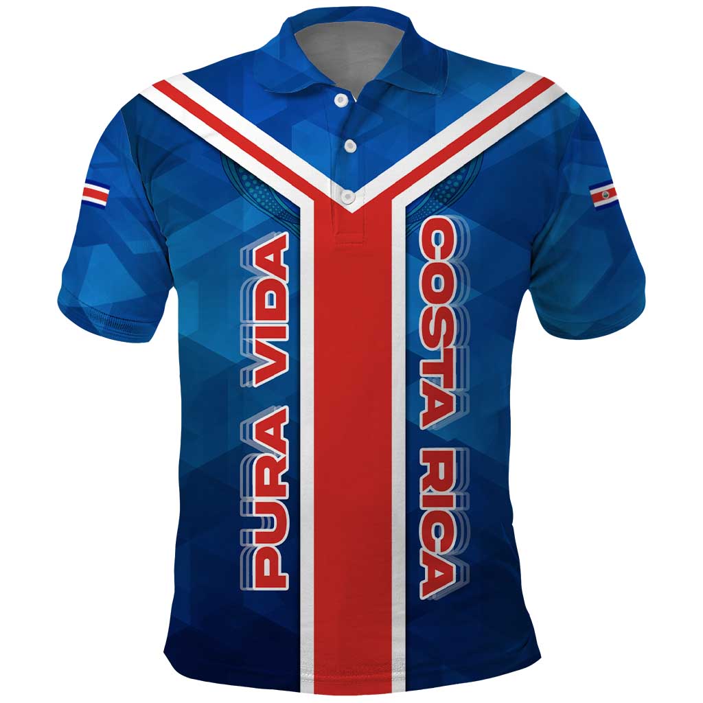 Costa Rica Pura Vida Polo Shirt Blue Geometric with Red Stripe and National Flag Detail - Wonder Print Shop
