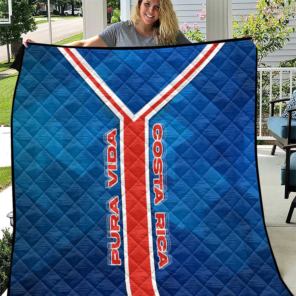 Costa Rica Pura Vida Quilt Blue Geometric with Red Stripe and National Flag Detail - Wonder Print Shop
