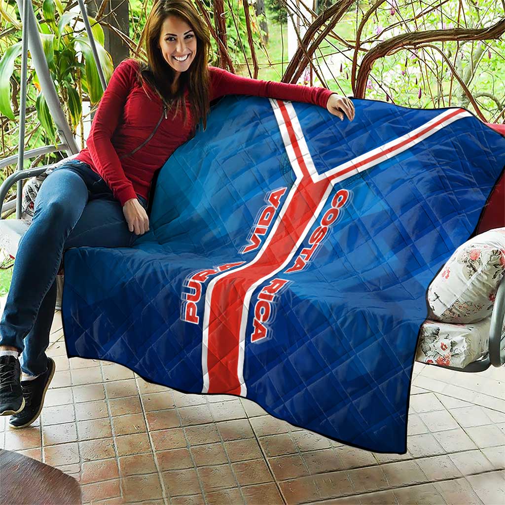 Costa Rica Pura Vida Quilt Blue Geometric with Red Stripe and National Flag Detail - Wonder Print Shop