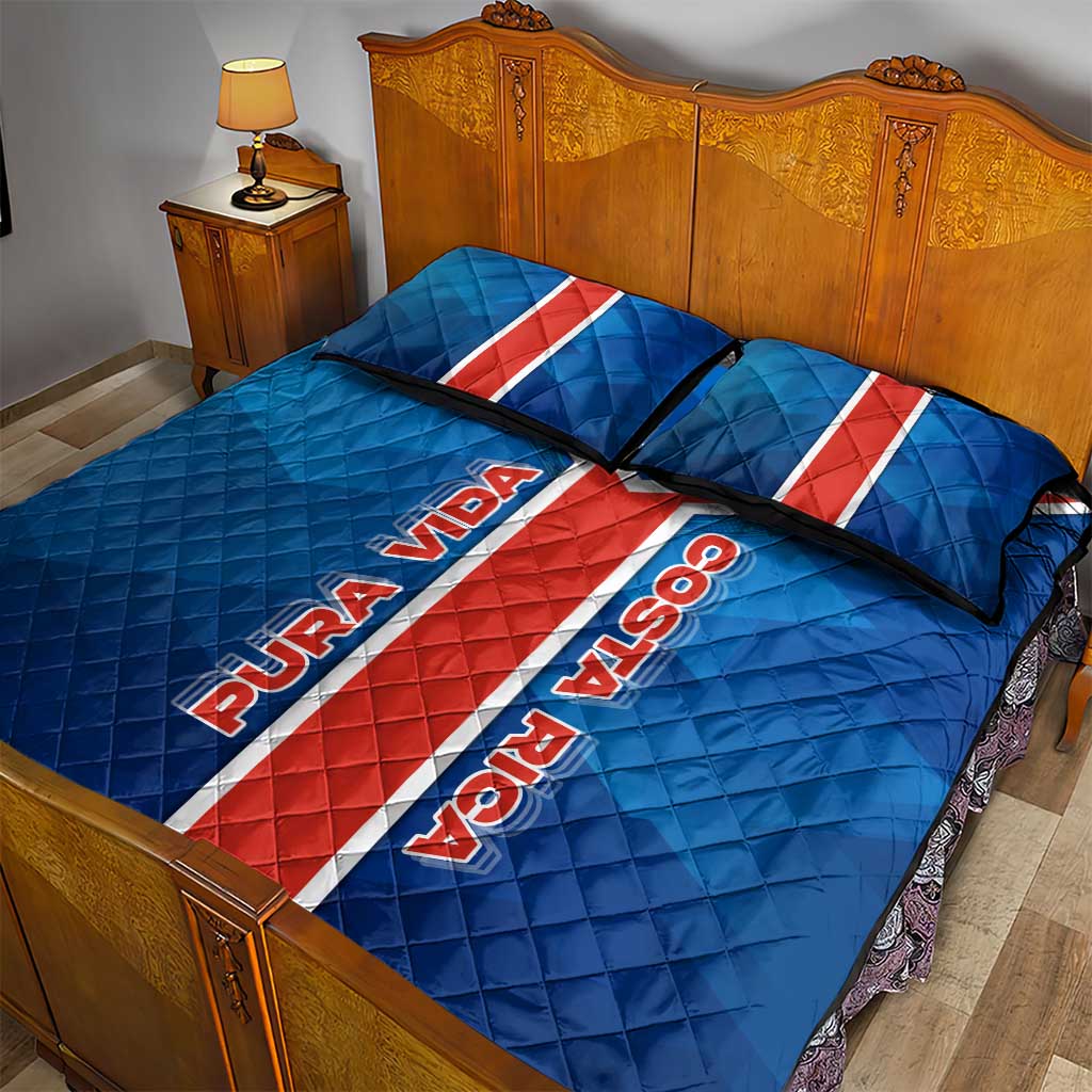 Costa Rica Pura Vida Quilt Bed Set Blue Geometric with Red Stripe and National Flag Detail - Wonder Print Shop