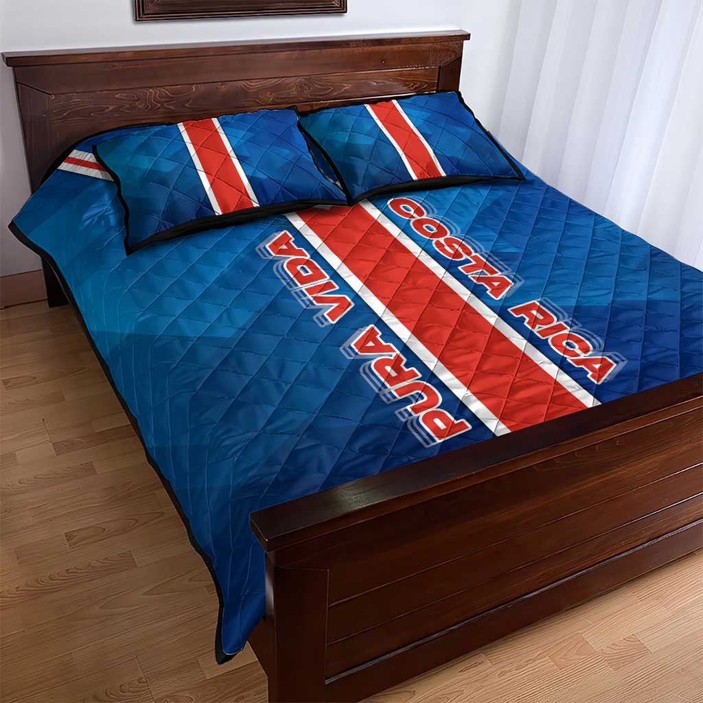 Costa Rica Pura Vida Quilt Bed Set Blue Geometric with Red Stripe and National Flag Detail - Wonder Print Shop