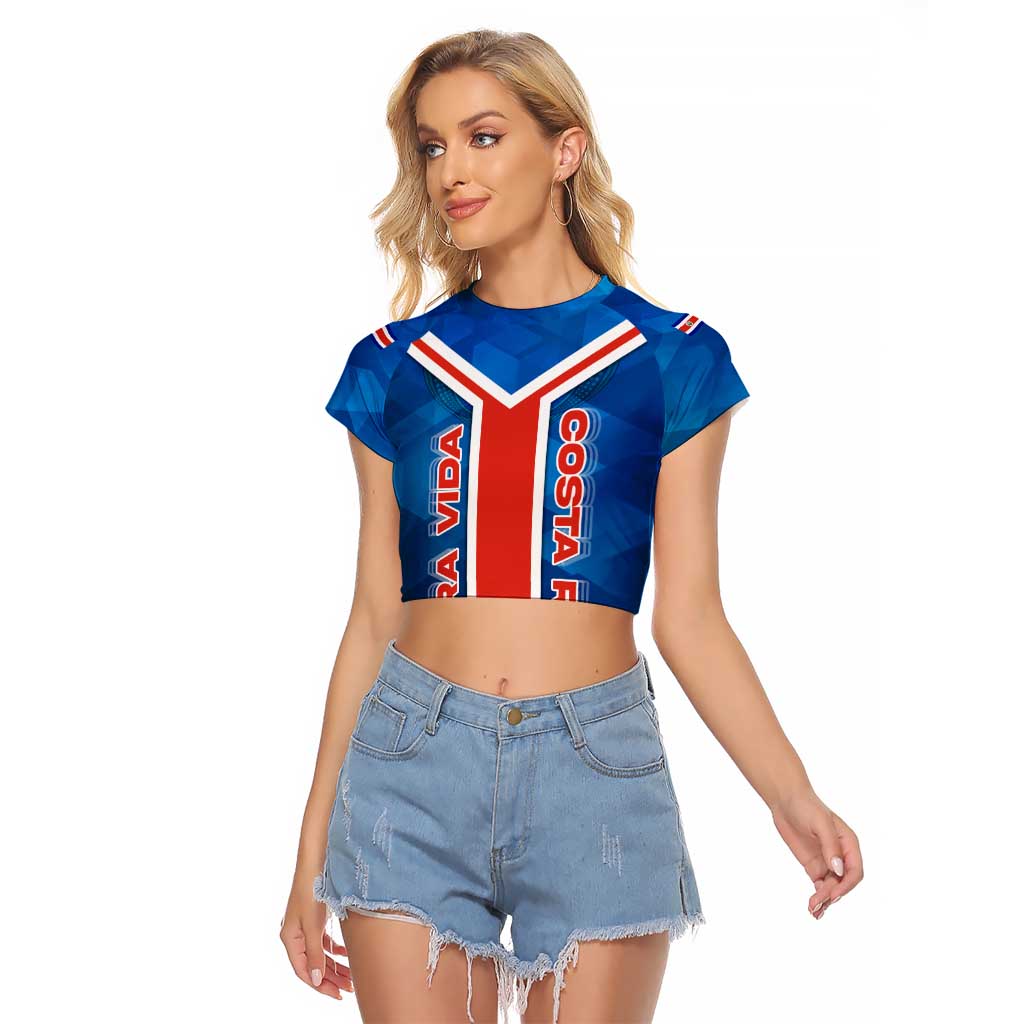 Costa Rica Pura Vida Raglan Cropped T Shirt Blue Geometric with Red Stripe and National Flag Detail - Wonder Print Shop