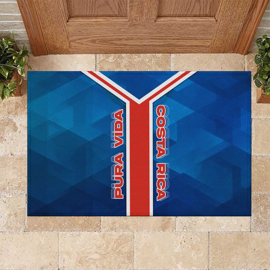 Costa Rica Pura Vida Rubber Doormat Blue Geometric with Red Stripe and National Flag Detail - Wonder Print Shop