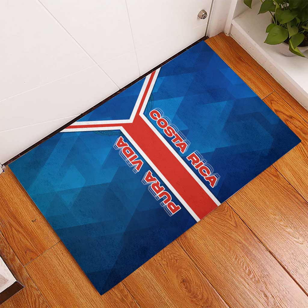 Costa Rica Pura Vida Rubber Doormat Blue Geometric with Red Stripe and National Flag Detail - Wonder Print Shop