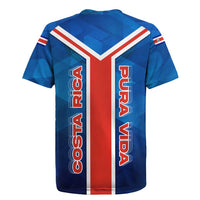 Costa Rica Pura Vida Rugby Jersey Blue Geometric with Red Stripe and National Flag Detail - Wonder Print Shop
