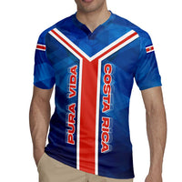 Costa Rica Pura Vida Rugby Jersey Blue Geometric with Red Stripe and National Flag Detail - Wonder Print Shop