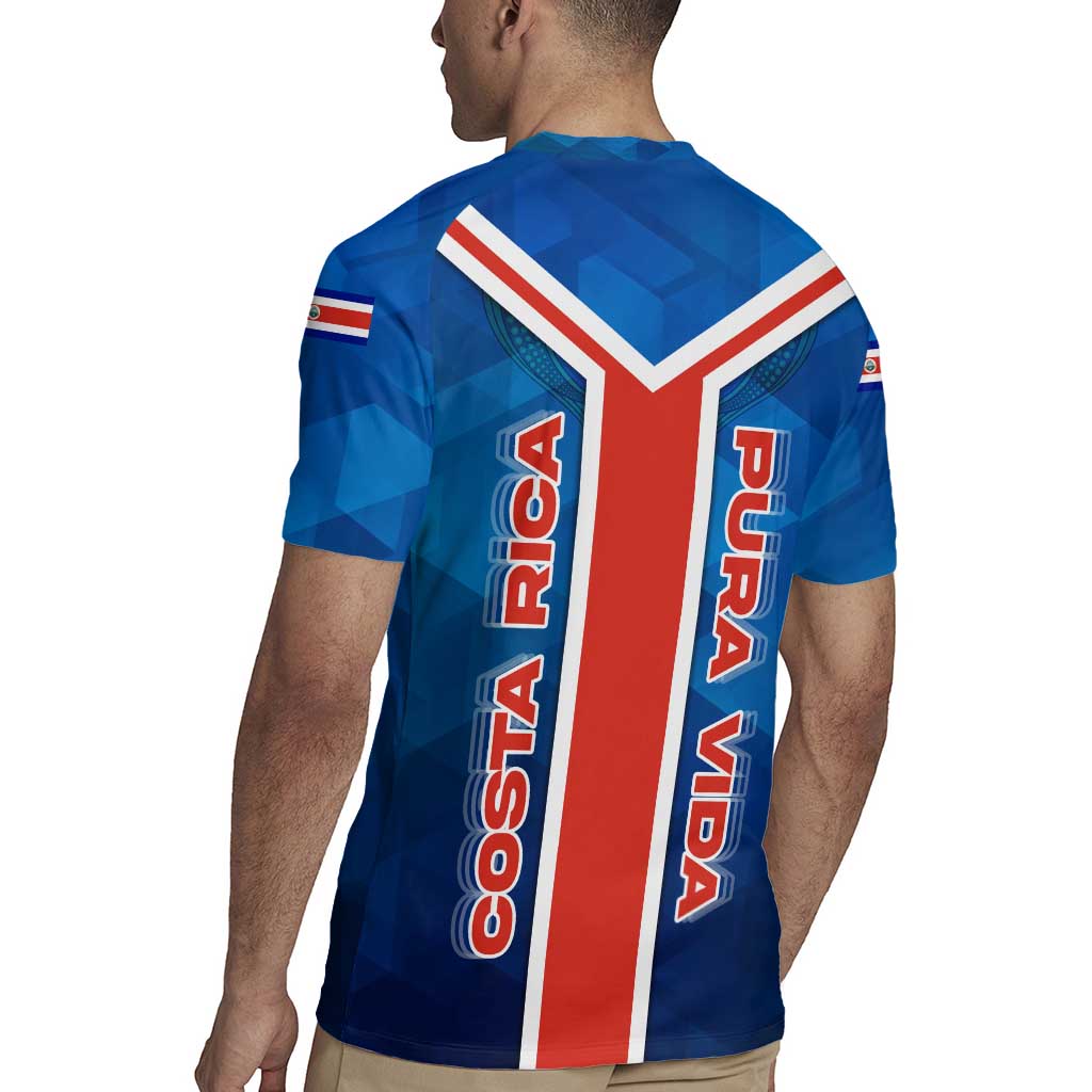 Costa Rica Pura Vida Rugby Jersey Blue Geometric with Red Stripe and National Flag Detail - Wonder Print Shop
