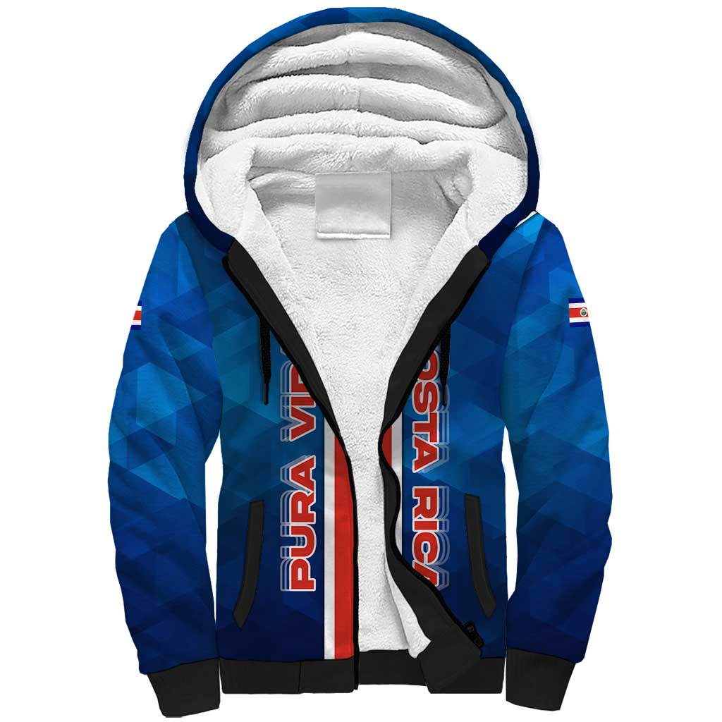 Costa Rica Pura Vida Sherpa Hoodie Blue Geometric with Red Stripe and National Flag Detail - Wonder Print Shop