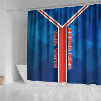 Costa Rica Pura Vida Shower Curtain Blue Geometric with Red Stripe and National Flag Detail - Wonder Print Shop