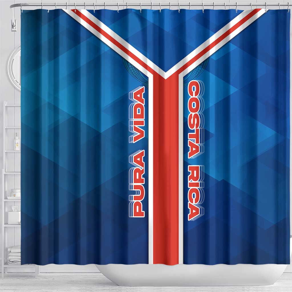 Costa Rica Pura Vida Shower Curtain Blue Geometric with Red Stripe and National Flag Detail - Wonder Print Shop