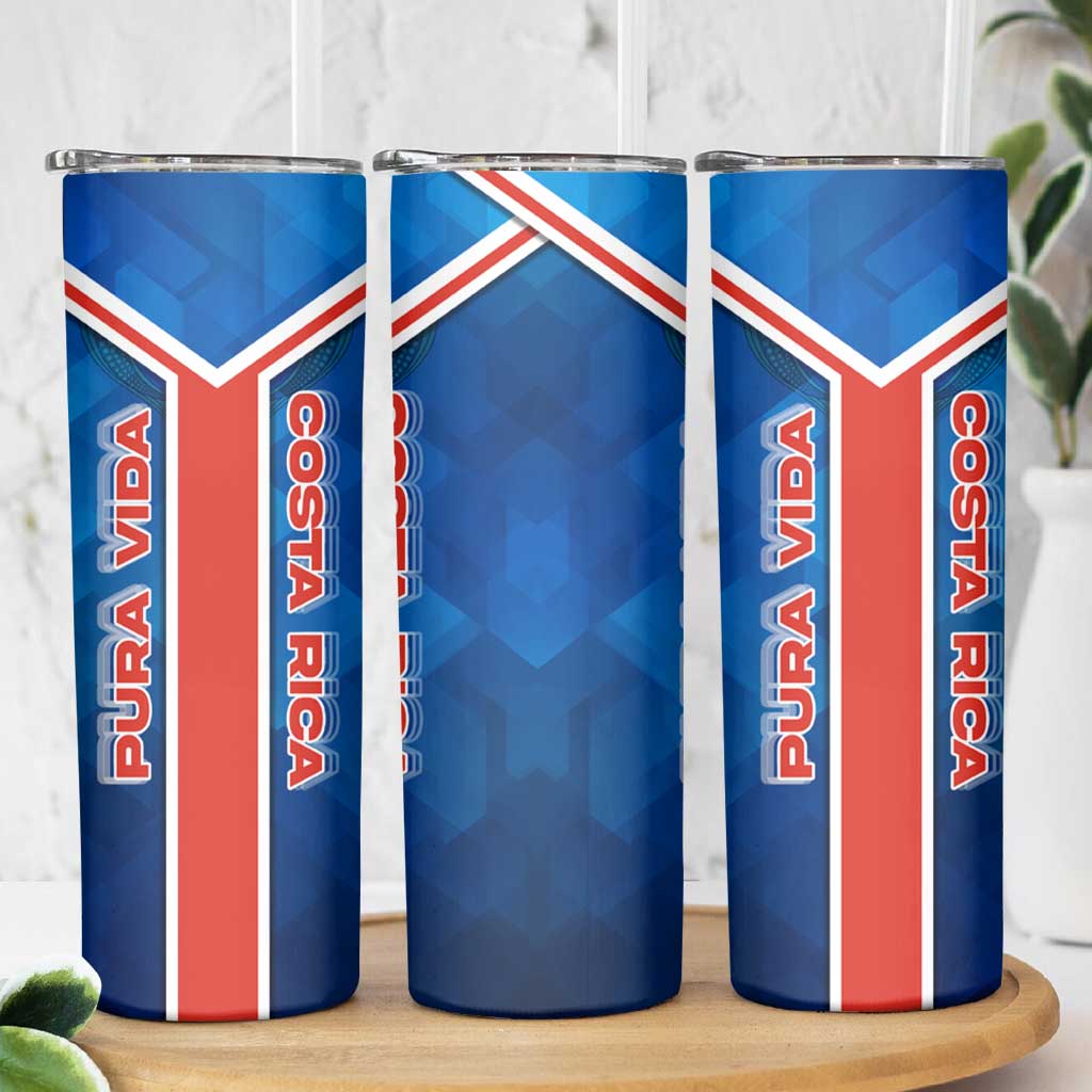 Costa Rica Pura Vida Skinny Tumbler Blue Geometric with Red Stripe and National Flag Detail - Wonder Print Shop