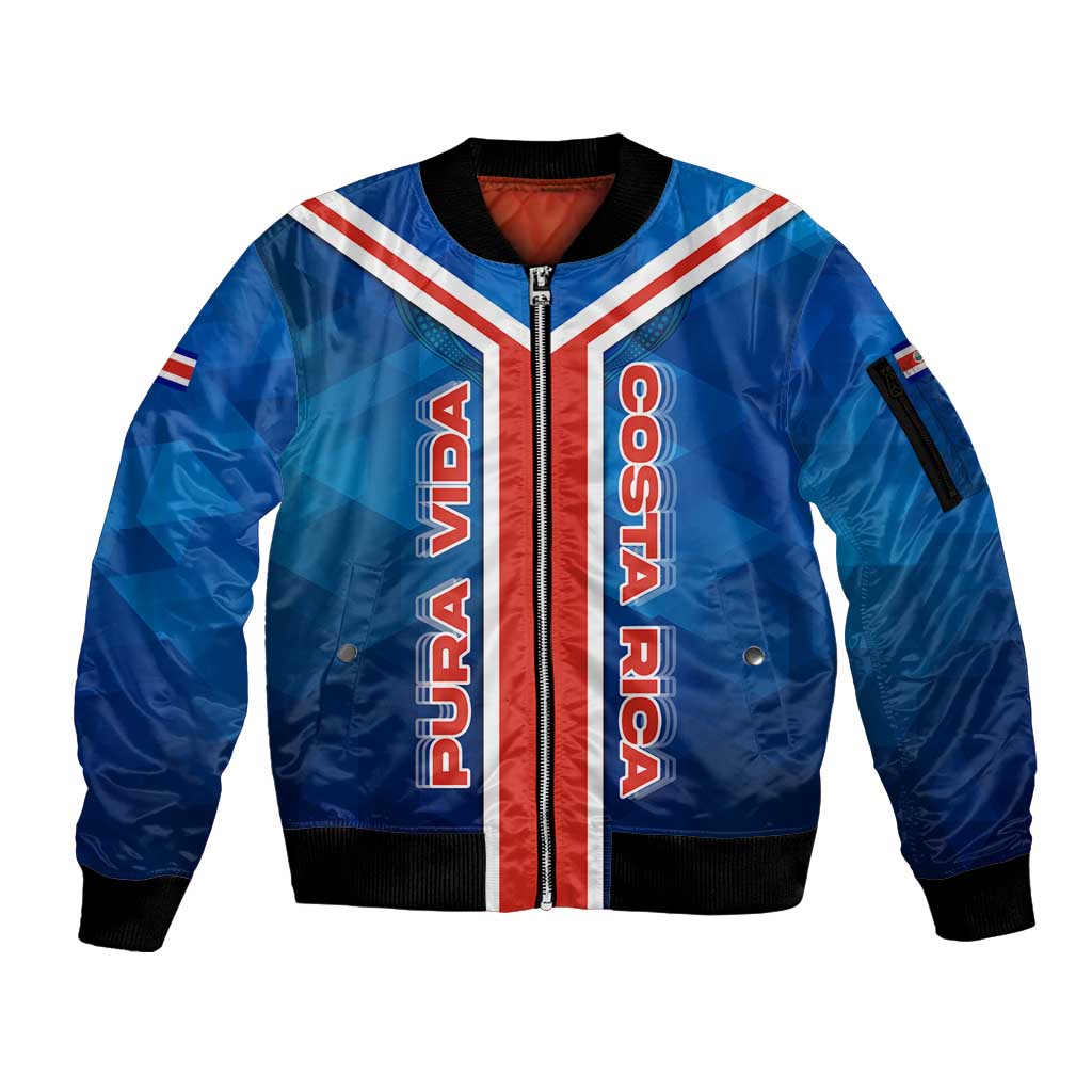 Costa Rica Pura Vida Sleeve Zip Bomber Jacket Blue Geometric with Red Stripe and National Flag Detail - Wonder Print Shop
