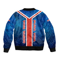 Costa Rica Pura Vida Sleeve Zip Bomber Jacket Blue Geometric with Red Stripe and National Flag Detail - Wonder Print Shop