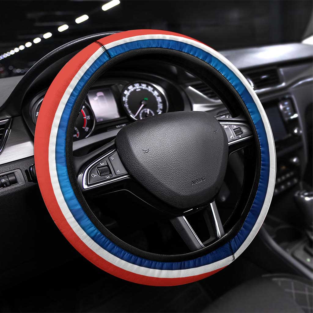Costa Rica Pura Vida Steering Wheel Cover Blue Geometric with Red Stripe and National Flag Detail - Wonder Print Shop