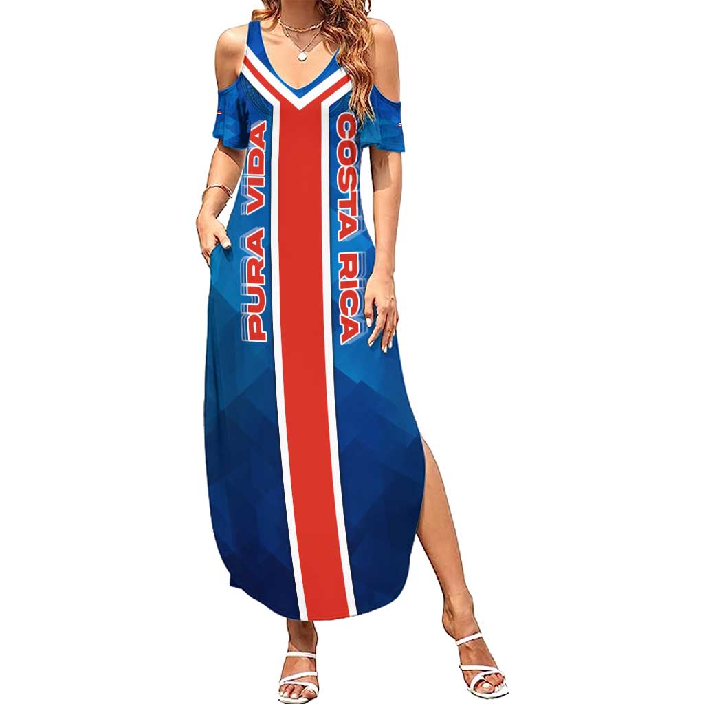 Costa Rica Pura Vida Summer Maxi Dress Blue Geometric with Red Stripe and National Flag Detail - Wonder Print Shop