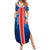 Costa Rica Pura Vida Summer Maxi Dress Blue Geometric with Red Stripe and National Flag Detail - Wonder Print Shop