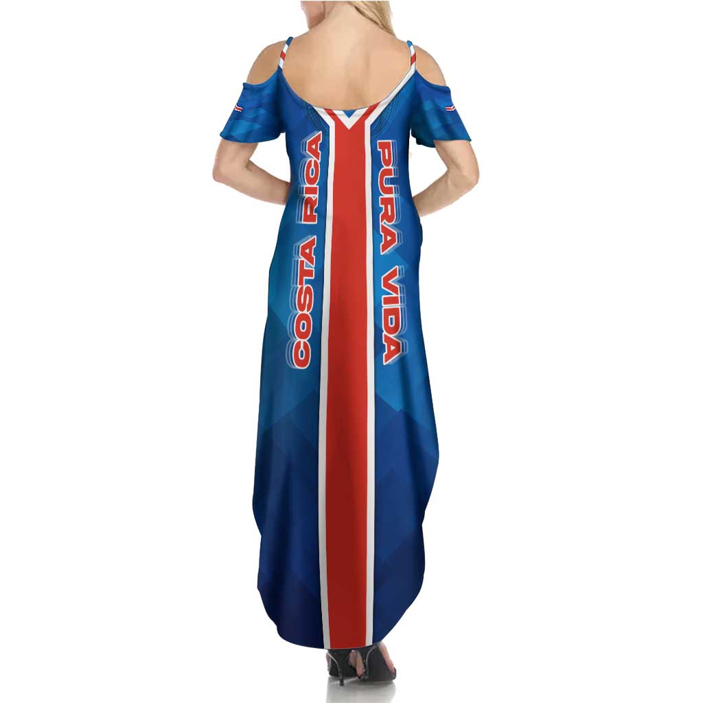 Costa Rica Pura Vida Summer Maxi Dress Blue Geometric with Red Stripe and National Flag Detail - Wonder Print Shop