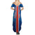 Costa Rica Pura Vida Summer Maxi Dress Blue Geometric with Red Stripe and National Flag Detail - Wonder Print Shop