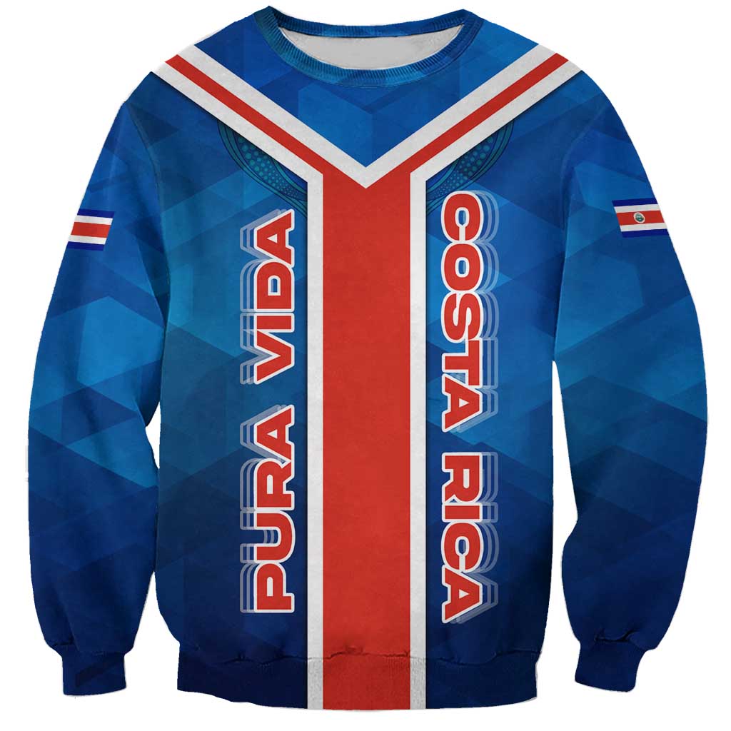 Costa Rica Pura Vida Sweatshirt Blue Geometric with Red Stripe and National Flag Detail - Wonder Print Shop