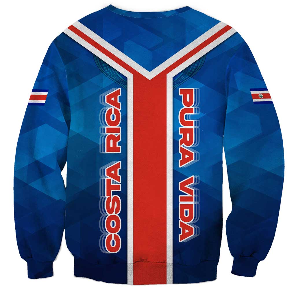 Costa Rica Pura Vida Sweatshirt Blue Geometric with Red Stripe and National Flag Detail - Wonder Print Shop