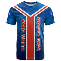 Costa Rica Pura Vida T Shirt Blue Geometric with Red Stripe and National Flag Detail - Wonder Print Shop
