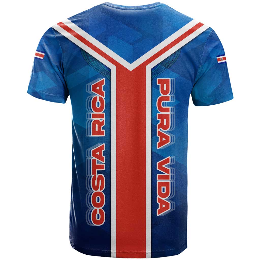 Costa Rica Pura Vida T Shirt Blue Geometric with Red Stripe and National Flag Detail - Wonder Print Shop