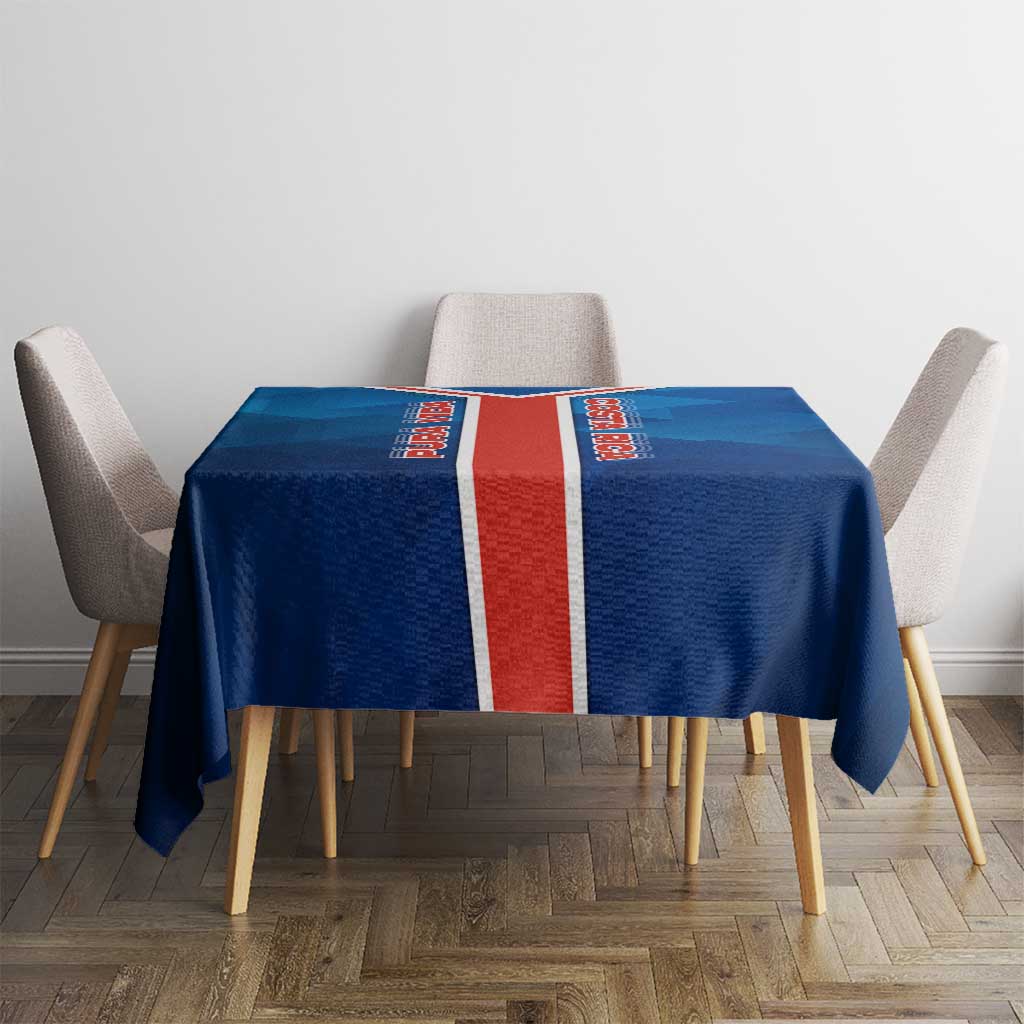Costa Rica Pura Vida Tablecloth Blue Geometric with Red Stripe and National Flag Detail - Wonder Print Shop