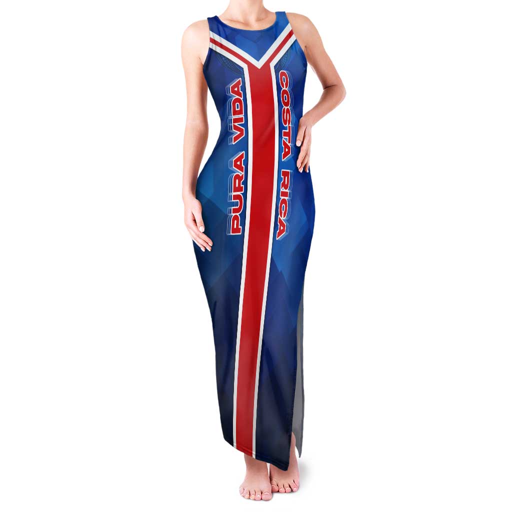 Costa Rica Pura Vida Tank Maxi Dress Blue Geometric with Red Stripe and National Flag Detail - Wonder Print Shop
