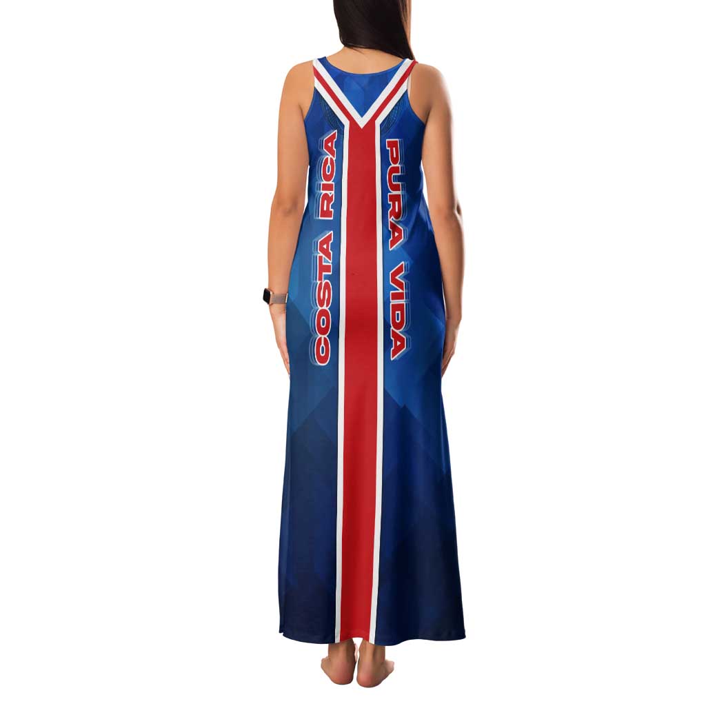 Costa Rica Pura Vida Tank Maxi Dress Blue Geometric with Red Stripe and National Flag Detail - Wonder Print Shop