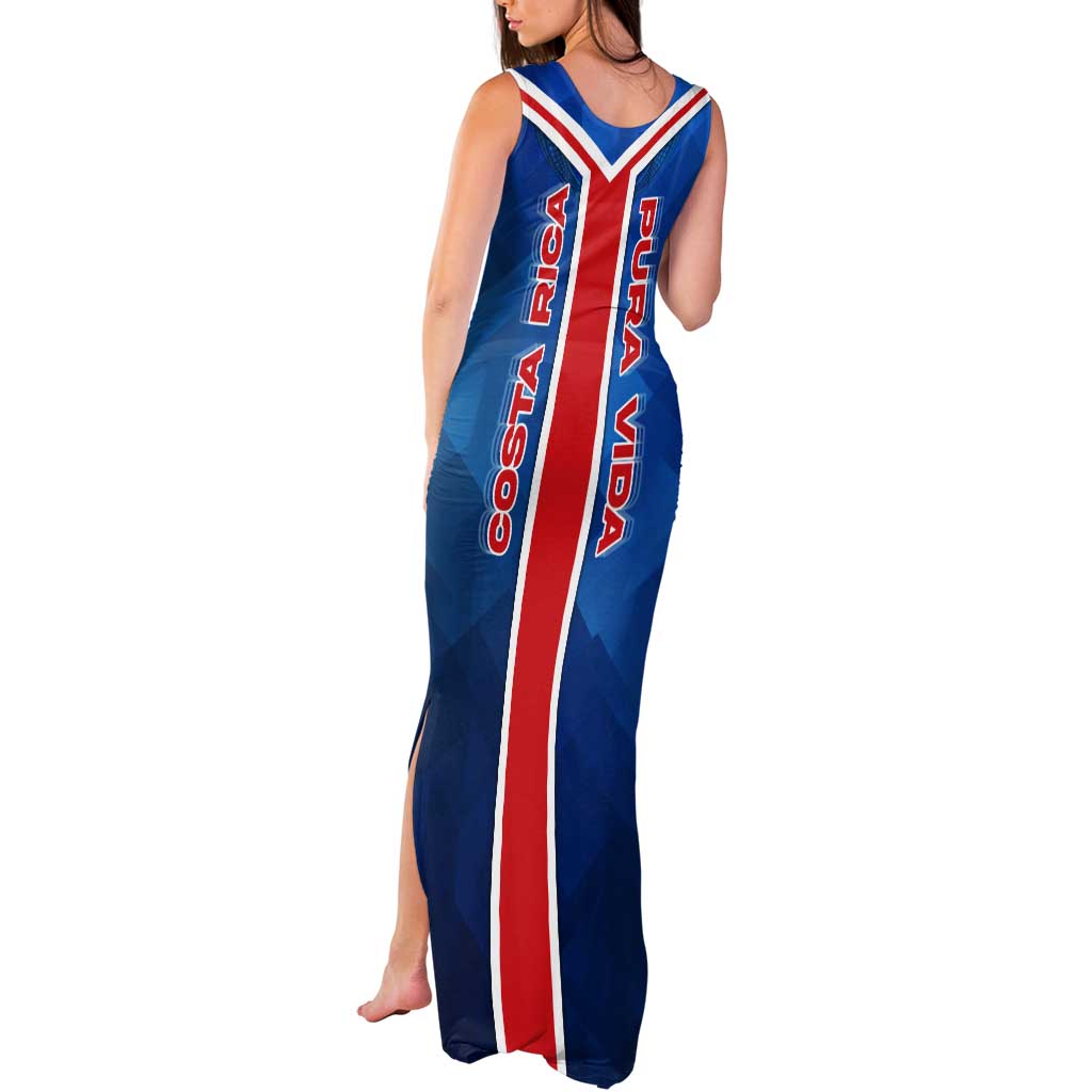 Costa Rica Pura Vida Tank Maxi Dress Blue Geometric with Red Stripe and National Flag Detail - Wonder Print Shop