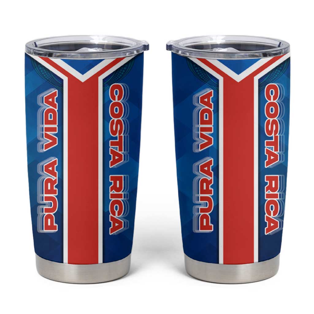Costa Rica Pura Vida Tumbler Cup Blue Geometric with Red Stripe and National Flag Detail - Wonder Print Shop